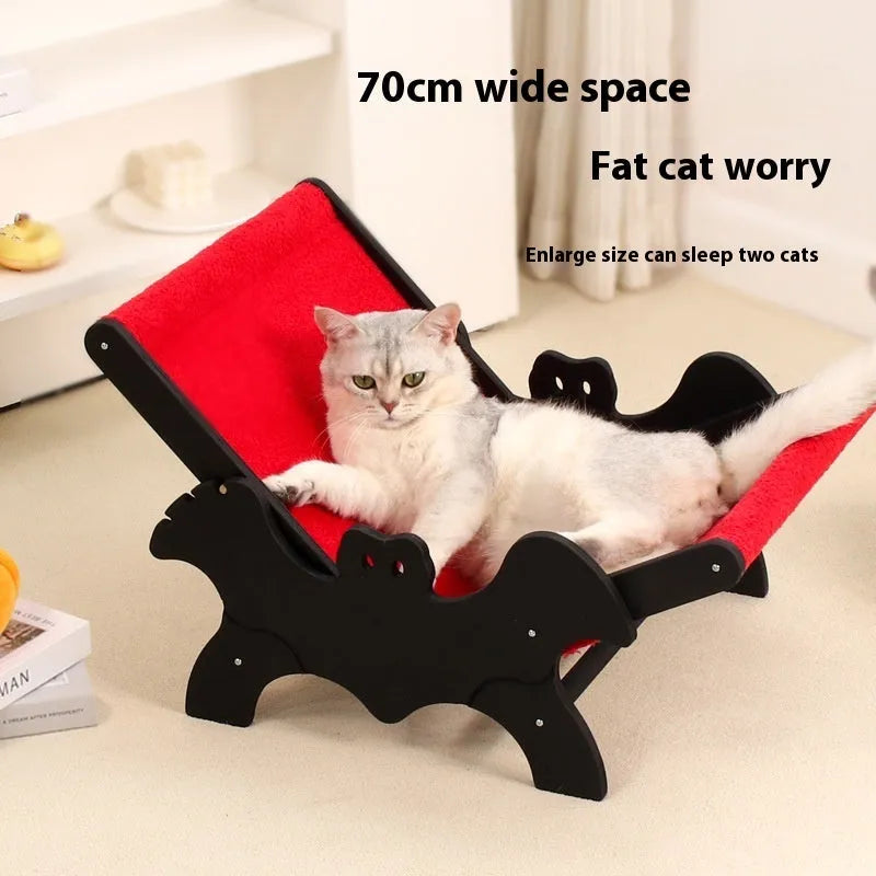 Black and red Halloween themed wooden cat recliner bed with bat decorations