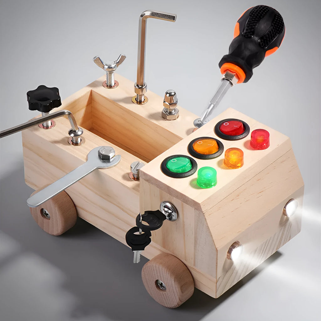Children's wooden early education switch screw tool car colourful light nut design