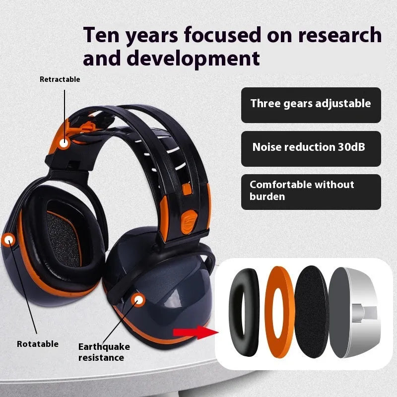 Head mounted noise reduction earmuffs made of ABS plastic in orange gray colour