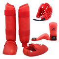 Karate taekwondo protective gear set with leg guards, helmet and boxing gloves in red or blue colours