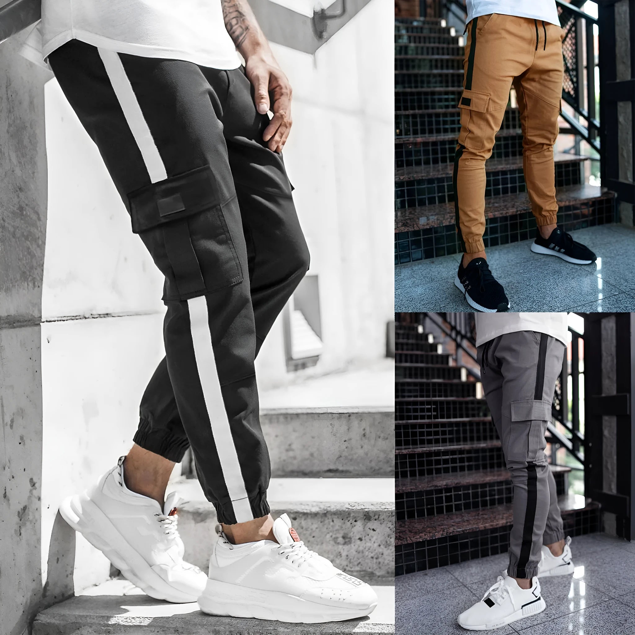 Men's casual leather effect trousers in khaki, micro-elastic polyester, mid waist zipper placket