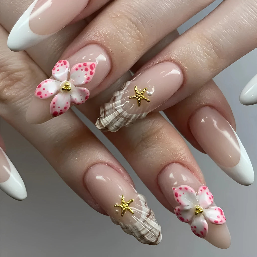 French style fake nails with removable flower and rock pattern decorative patches in W1764 Simple Flowers colour