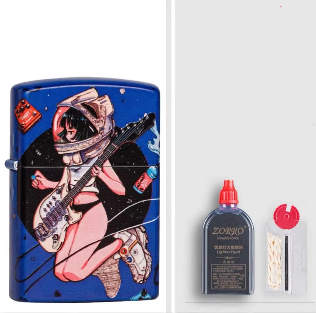 Windproof kerosene lighter with pure copper case and decorative design, showing grinding wheel and storm holes.