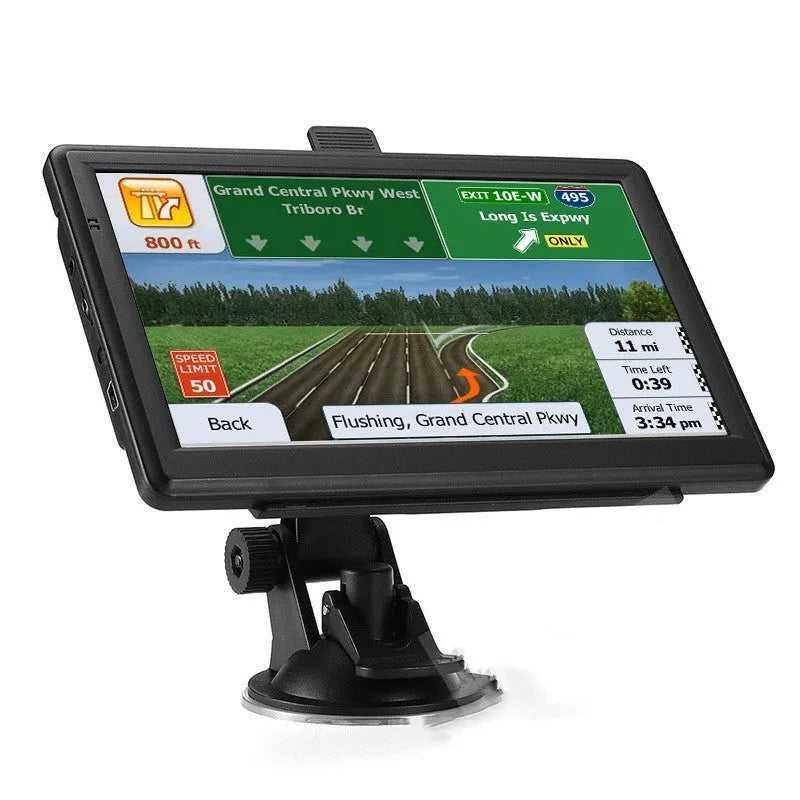 7-inch portable car GPS navigation device with touch screen on dashboard mounting bracket