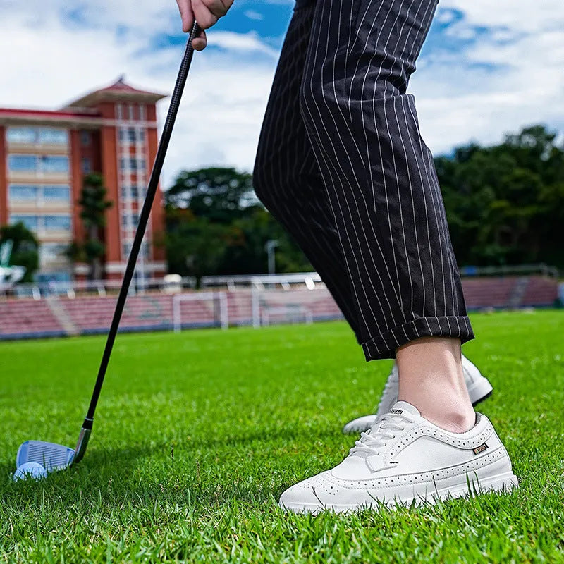 Men's lightweight golf shoes in Lake Blue with a genuine leather upper and rubber outsole.