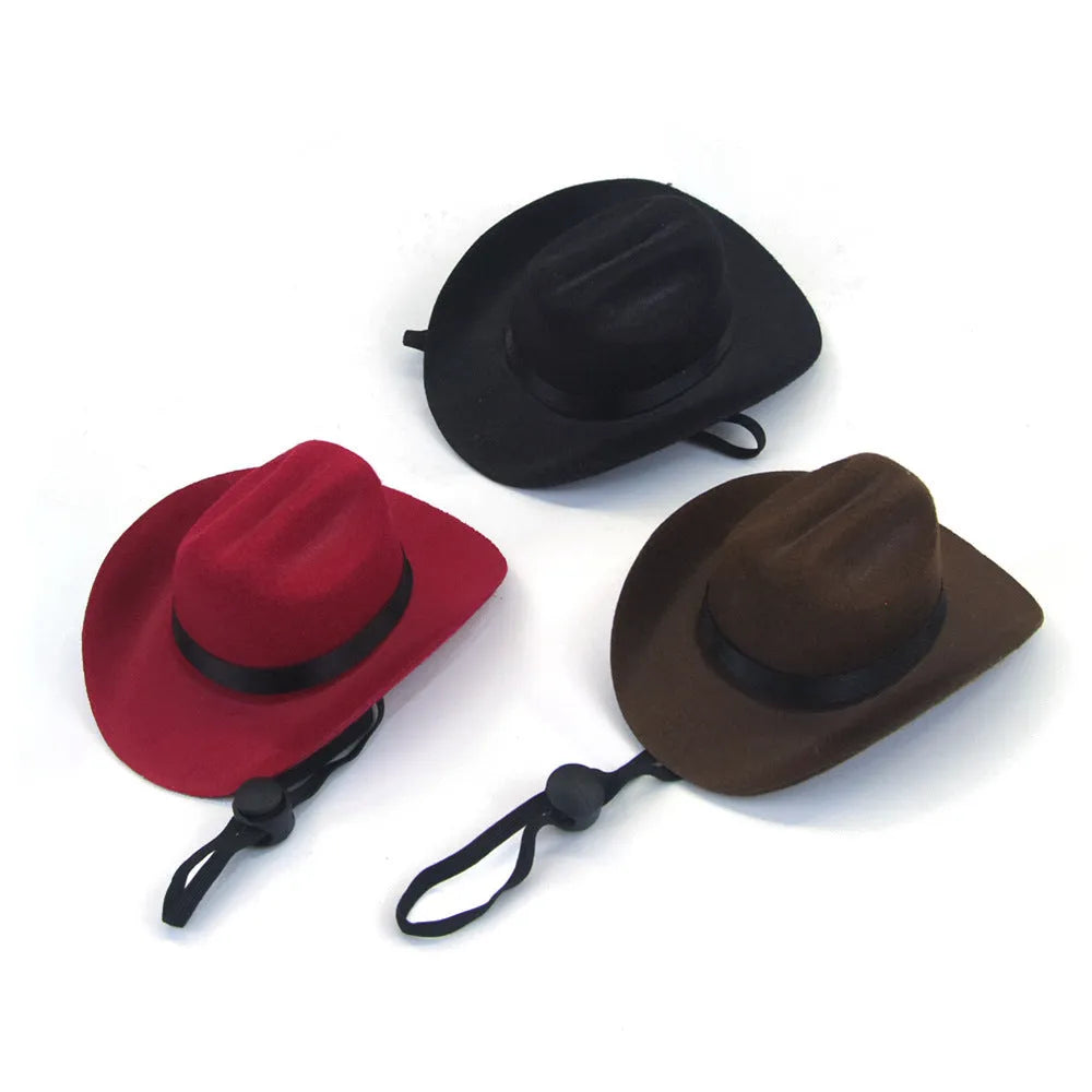 A brown adjustable cowboy hat for a small dog or cat on a white background.