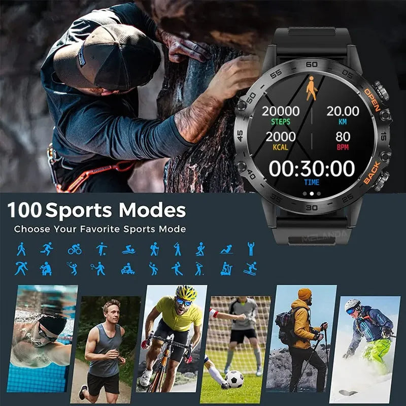 Bluetooth smart watch with colour options including black, silver steel, and orange on an IPS display.
