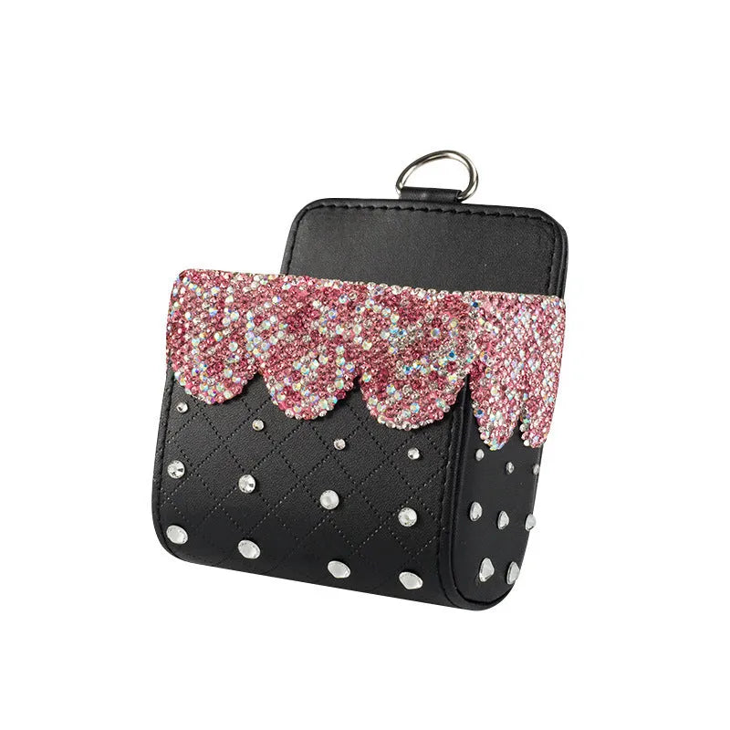 Diamond-studded car decoration ornament made of leather and Czech rhinestones, 110x110mm, with storage bag