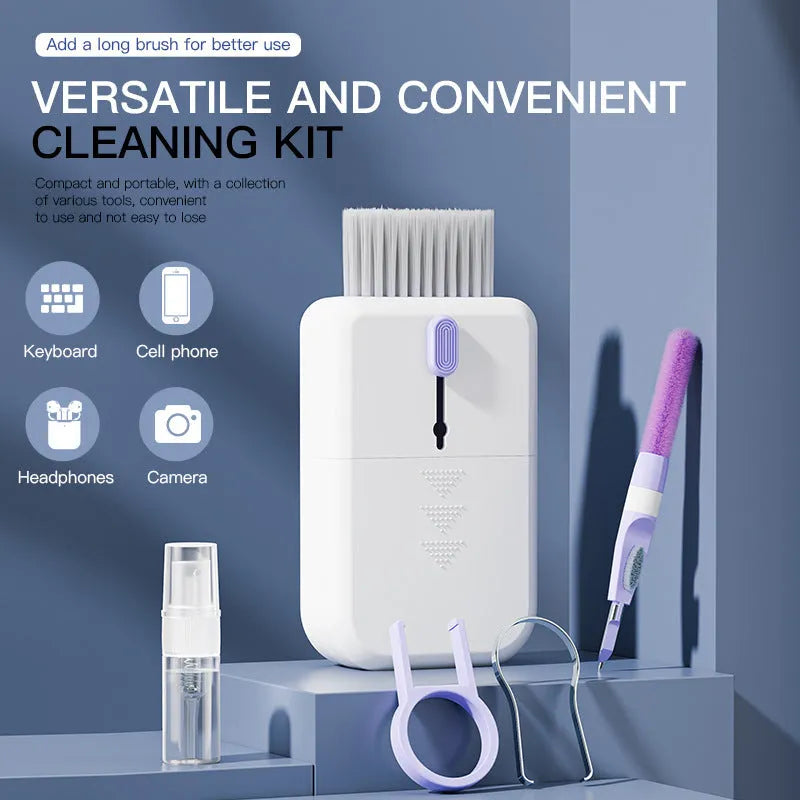 Portable 11 in 1 cleaning kit with brushes and storage box in blue and orange for keyboard and phone screen cleaning