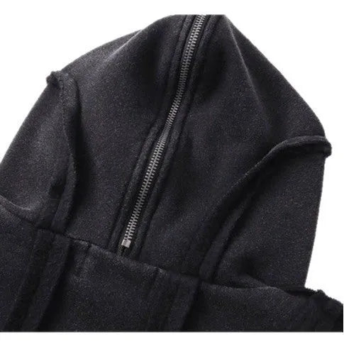 Black men's retro-style loose hooded cardigan coat with zip front and padding