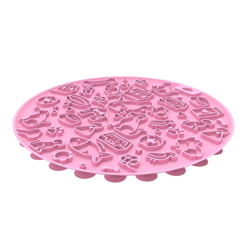 Round silicone pet licking mat with sucker base in blue color for dogs and cats
