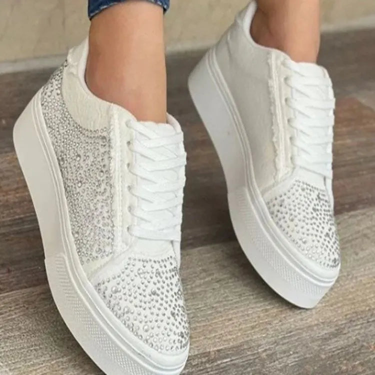 Plus size women's black casual shoes with rhinestone detail, thick rubber sole, and lace-up closure