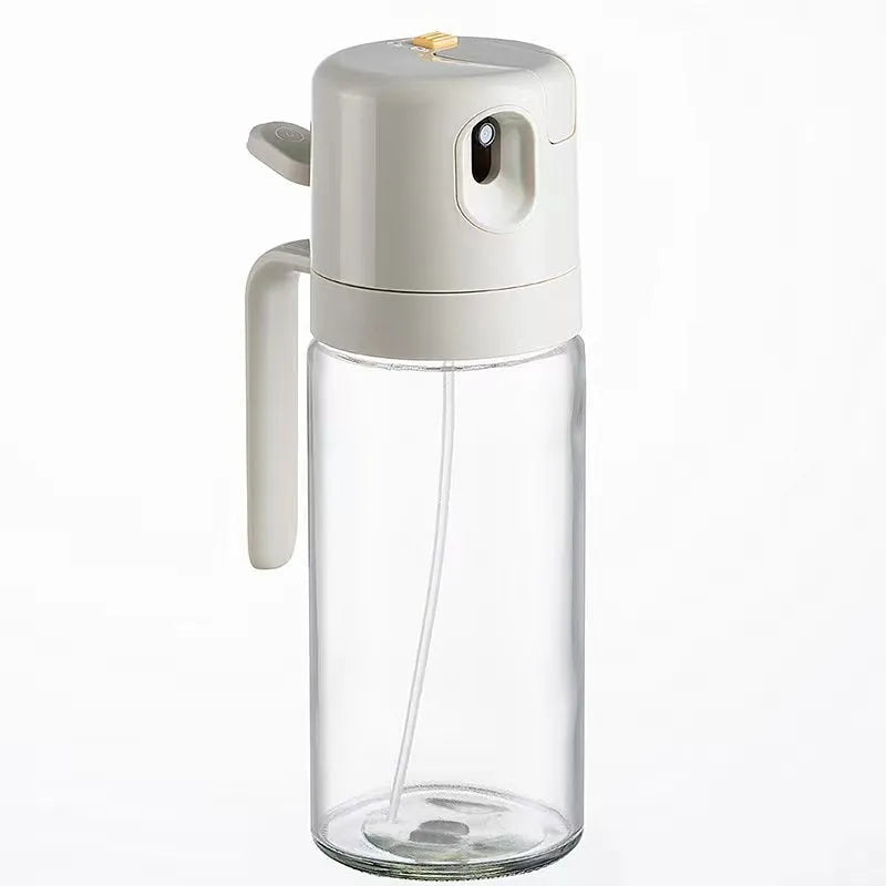 2-in-1 oil sprayer bottle with automatic opening and dual spray pour modes, 550ml soda-lime glass, in warm gray