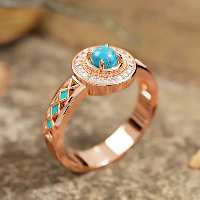 Women's turquoise geometric copper ring with inlaid zircon stones in rose gold finish