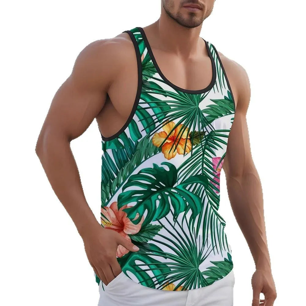 Man wearing a solid-colour 3D printed sleeveless vest in a casual Hawaiian style.