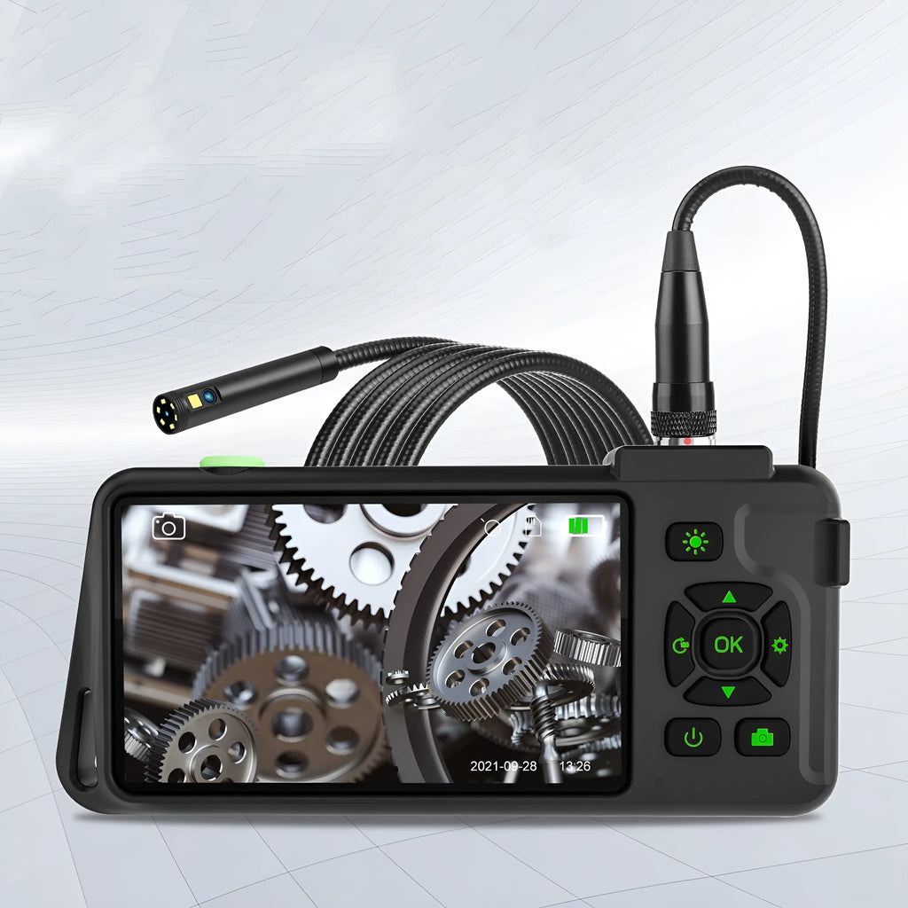 Handheld industrial endoscope with 4.5-inch screen and thin black inspection probe