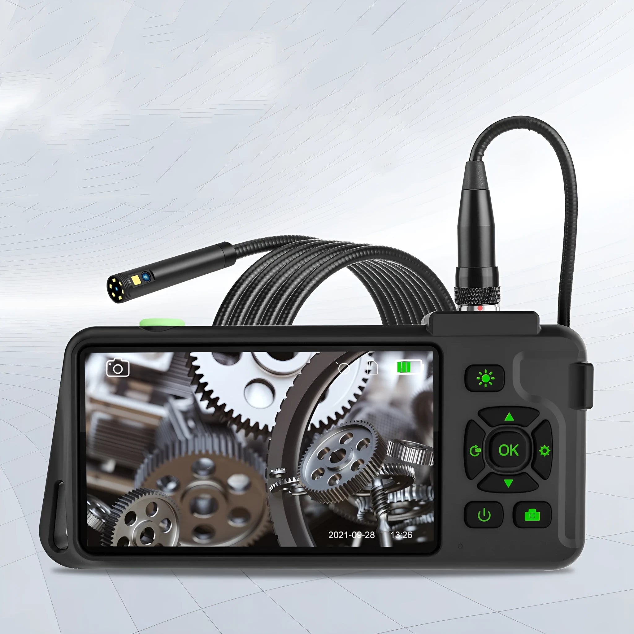 Handheld industrial endoscope with 4.5-inch screen and thin black inspection probe