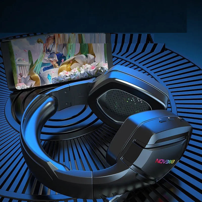 Black wireless Bluetooth headset with RGB lighting accents and over-ear design