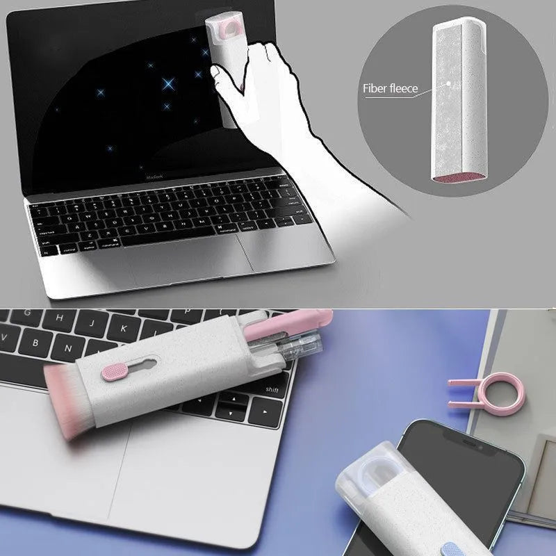 Multifunctional cleaning kit with a double-headed pen, retractable brush, and spray bottle on a white background