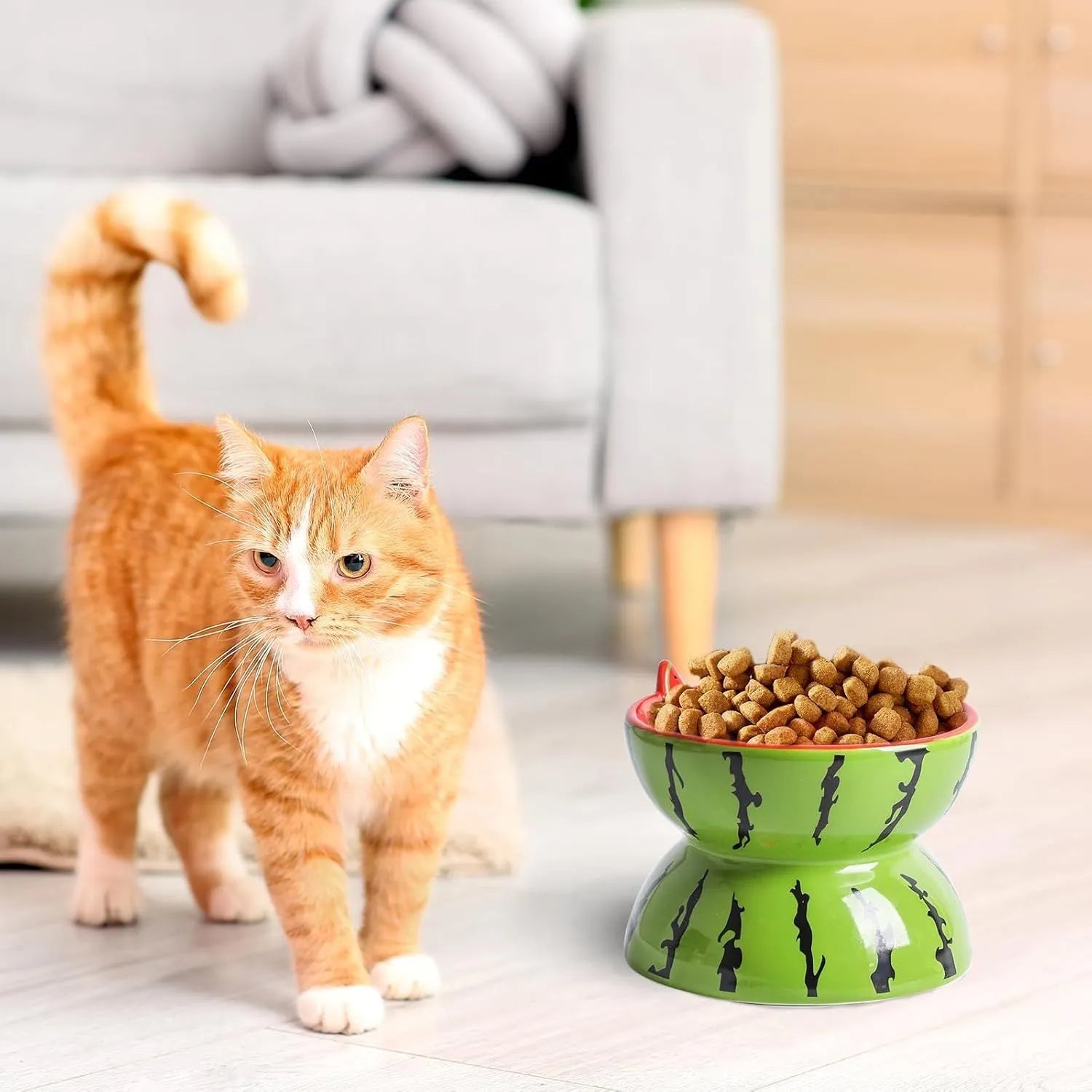 Ceramic raised cat bowl with elevated stand and wide tilted dish in fruit pattern.