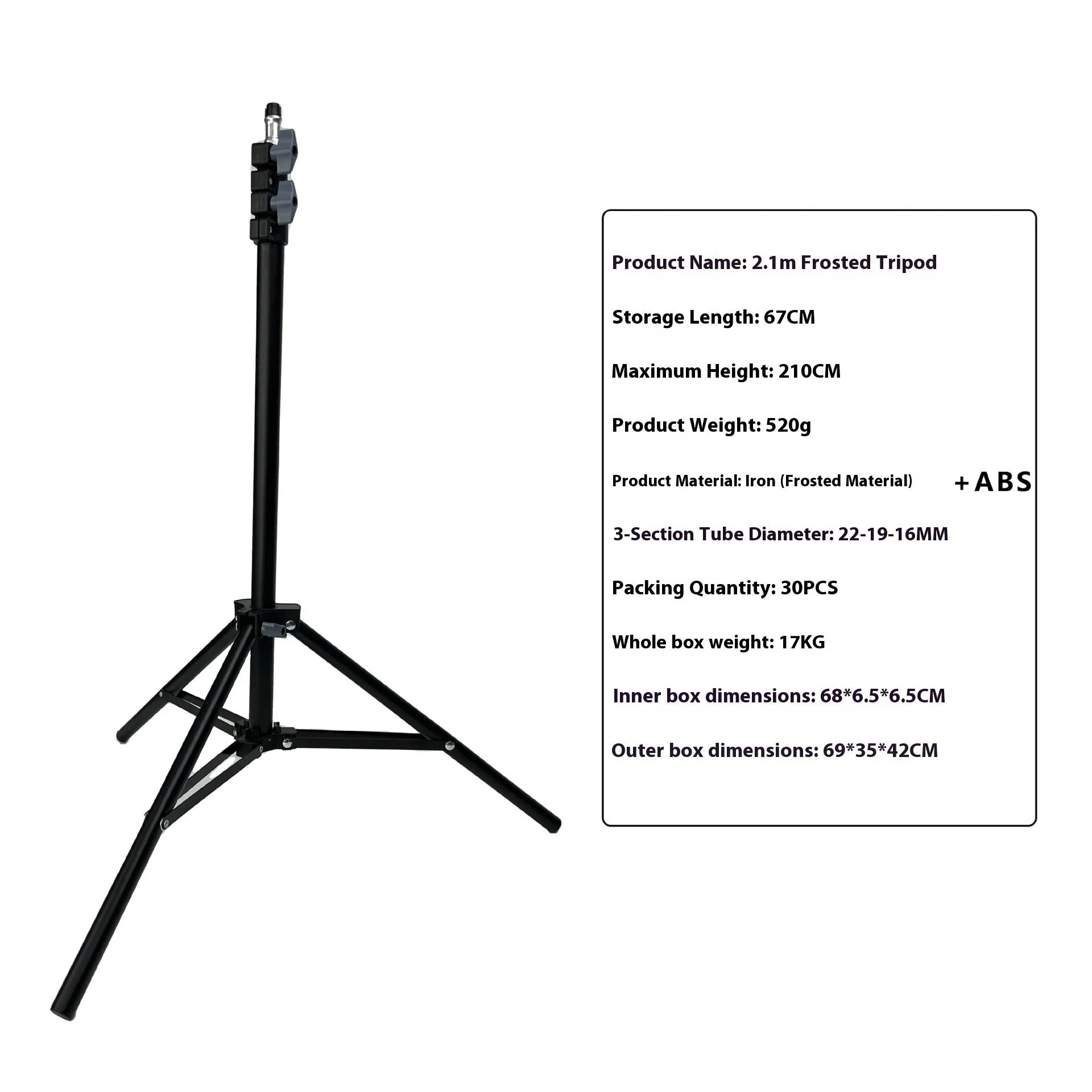 Frosted tripod light stand with mobile phone holder mounted, showing carbon steel construction