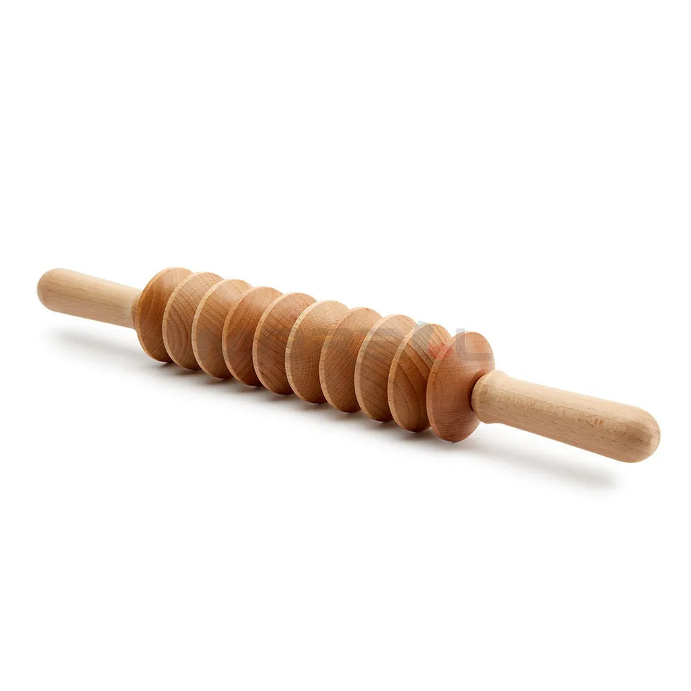 Beech wood massage roller set with T-shaped handle and multiple wheel attachments for lymphatic drainage