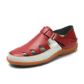 Women's plus size flat heel sandals with hollow toe cap design in blue, red or white colours