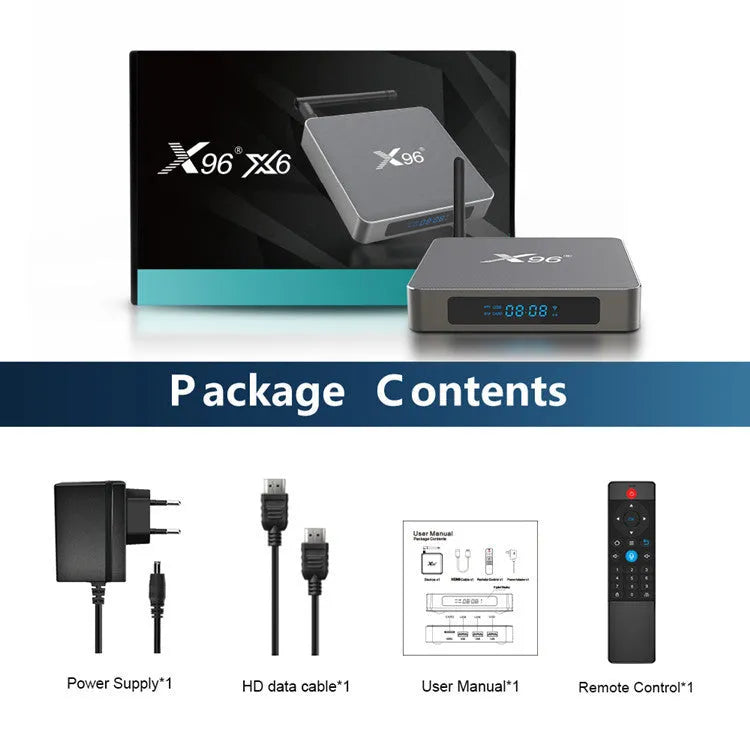 Android smart set-top box with remote control showing dual-band WiFi and Bluetooth connectivity options