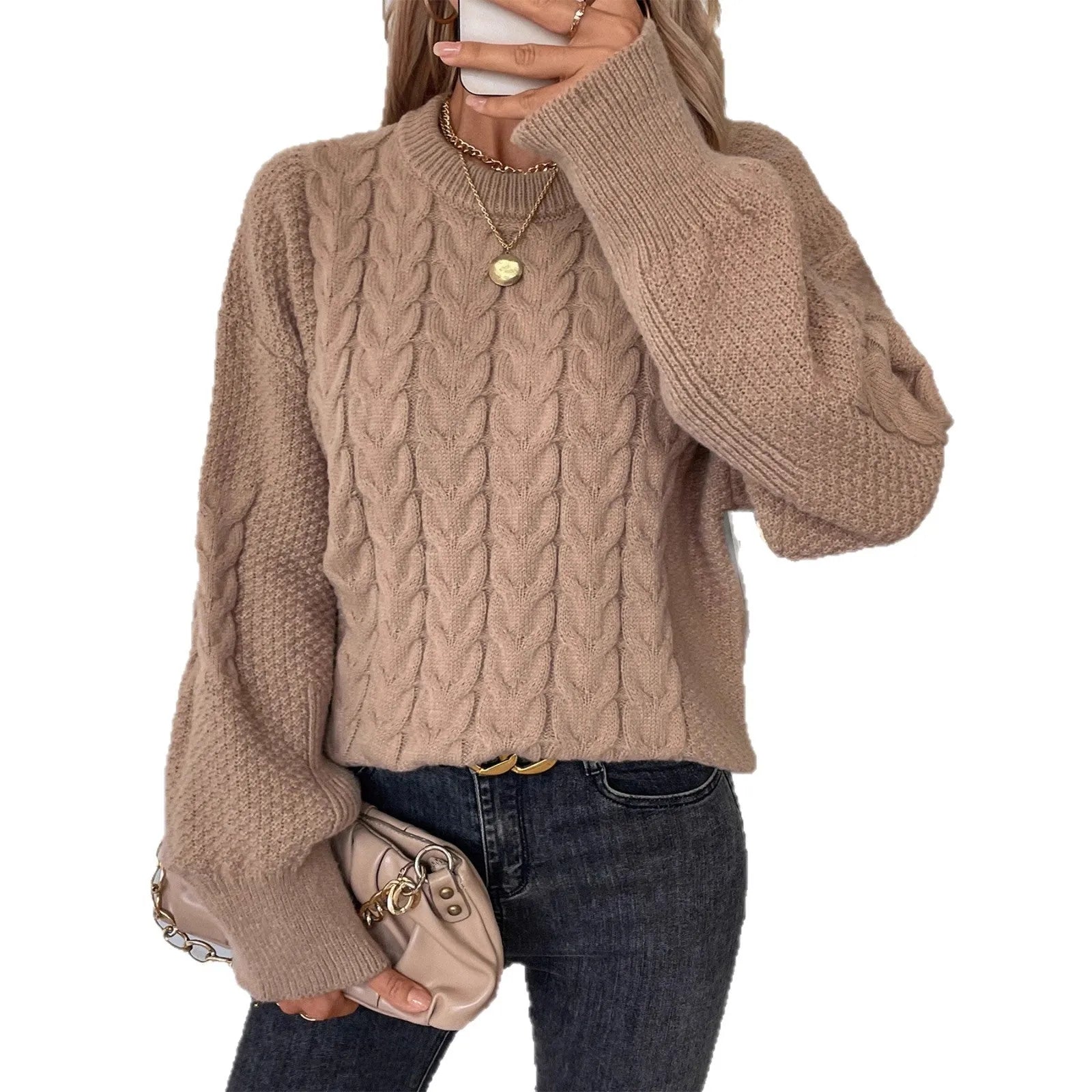 Women's loose sweater with twisted thread texture in khaki colour, round neck design