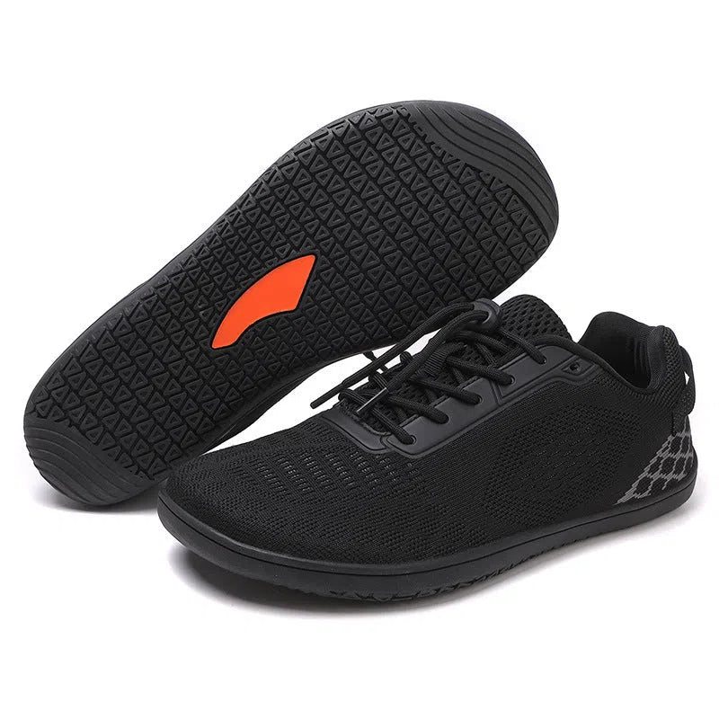 Extra wide barefoot shoes for couples with wide toe box, non-slip rubber outsole, and fly woven cotton upper in beige