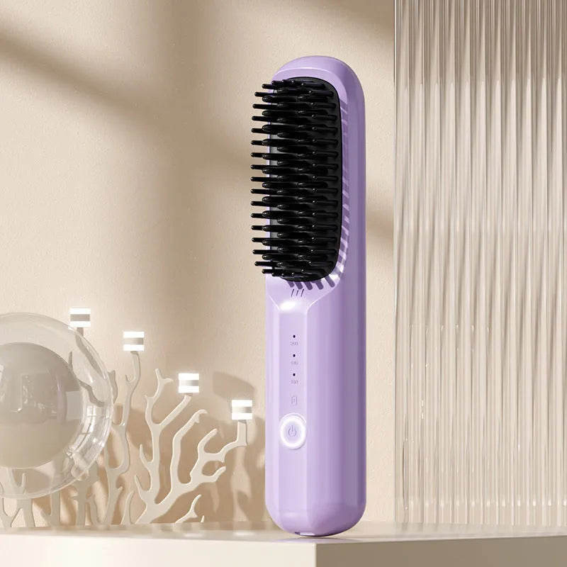 Beige wireless anion hair straightening comb with ceramic plates and Type-C charging port