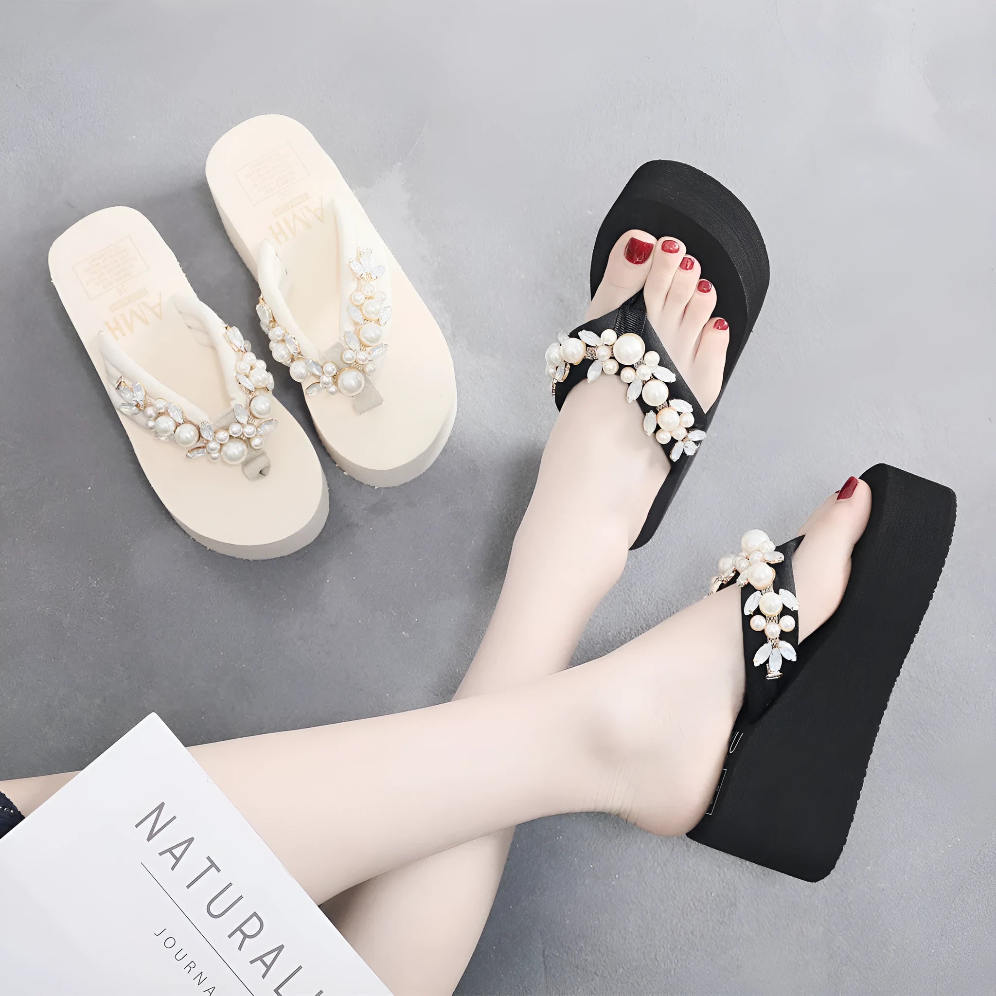 Women's high-heeled flip-flops in beige and black with cotton cloth upper.