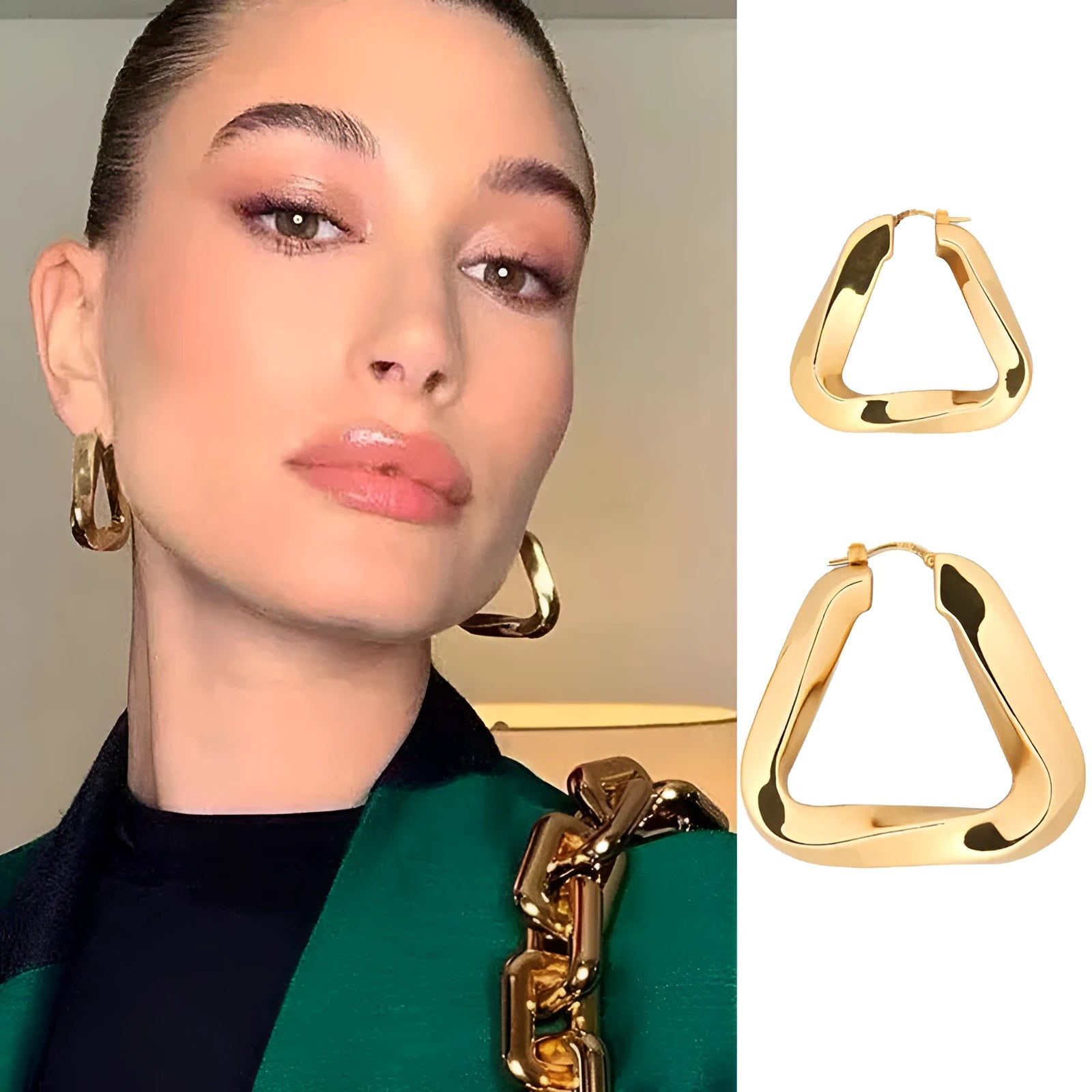 Copper heart shaped irregular eardrop earrings electroplated gold large size 36mm diameter