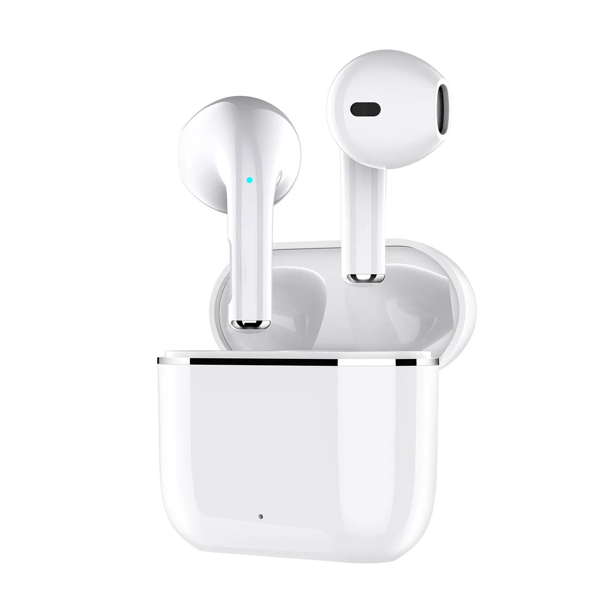 Wireless half in-ear Bluetooth headset in white or black with 30mAh earbuds and 200mA charging case
