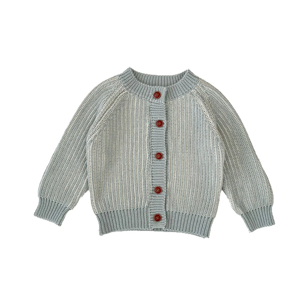 Infant two-colour twist round neck knitted coat in grey and lake blue stripes, cotton cardigan, sizes 66cm to 100cm