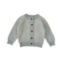 Infant two-colour twist round neck knitted coat in grey and lake blue stripes, cotton cardigan, sizes 66cm to 100cm