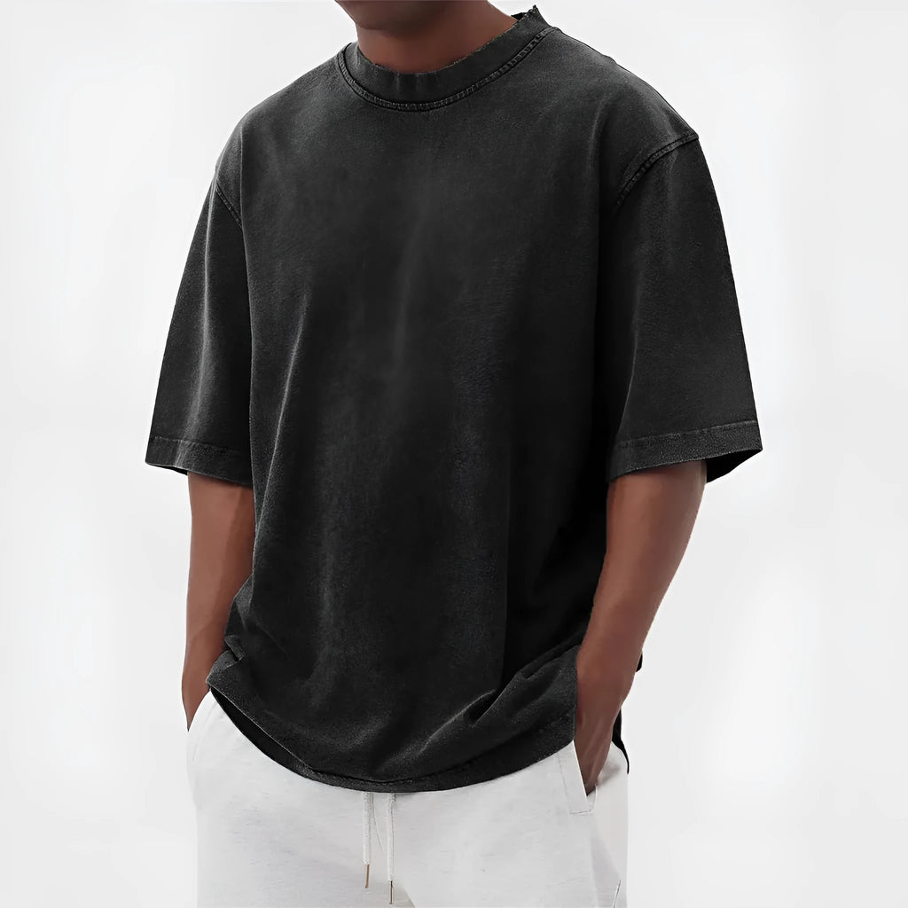 Men's loose stone-washed polyester pullover t-shirt in army green.