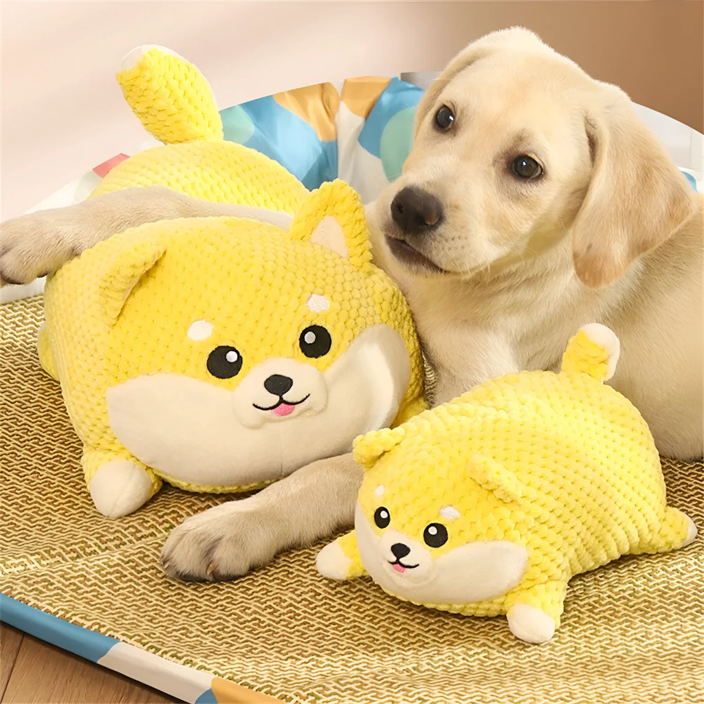 Plush dog calming toy with squeaker for puppy teething and dental care