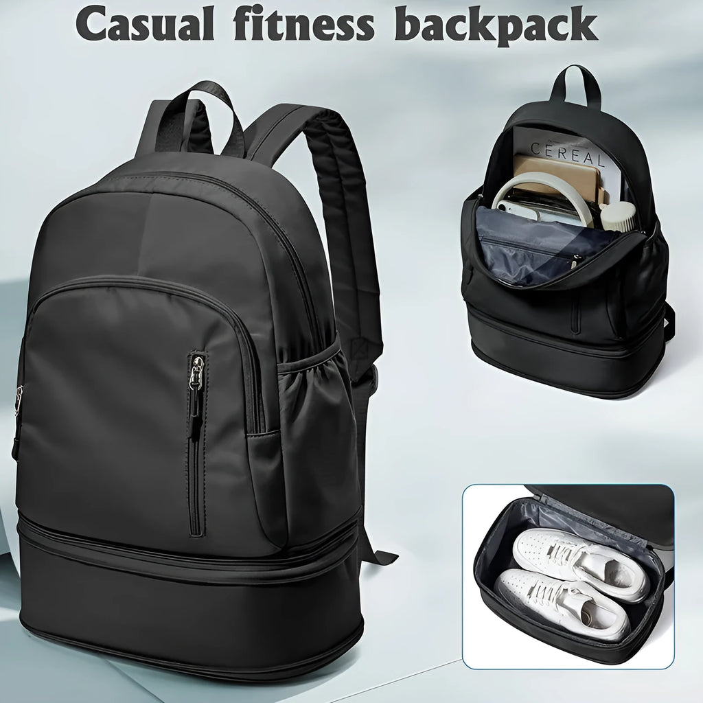 Women's casual backpack in grey colour showing curved shoulder straps and contrast stitching details
