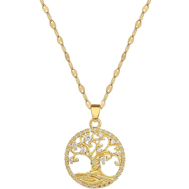 Gold-coloured adjustable necklace with a mother of pearl and rhinestone cross pendant on a lip chain.
