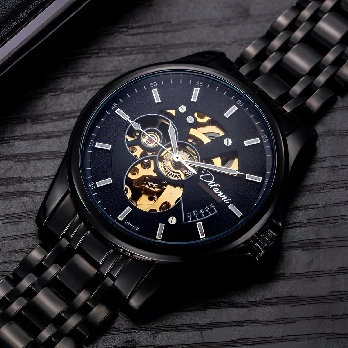 42mm automatic mechanical watch with stainless steel strap, butterfly buckle, round dial, and transparent case bottom