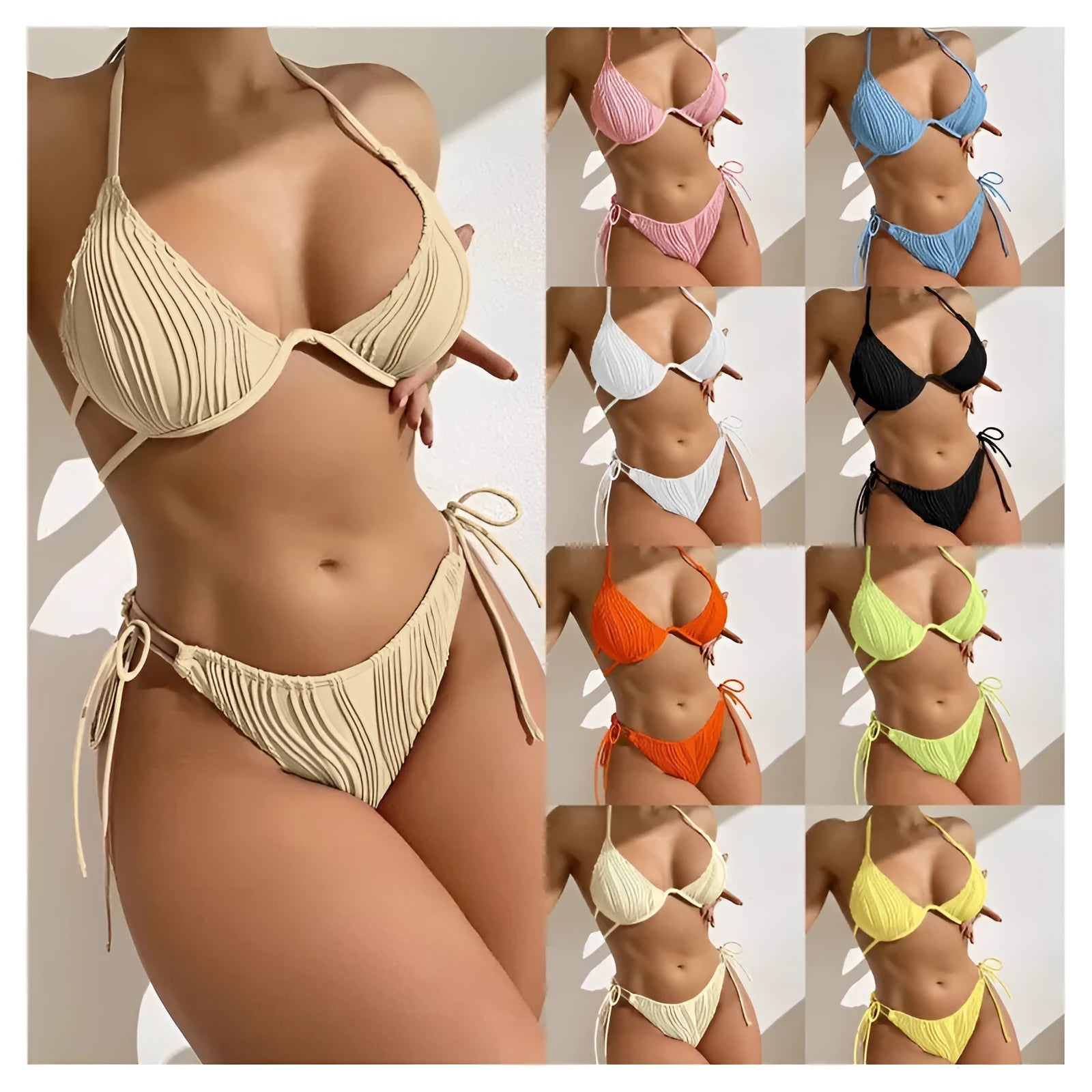 Women's apricot coloured bikini swimsuit with underwire steel bracket support.