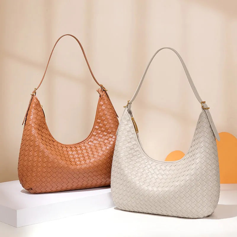 Fashionable large capacity French tote bag in black PU with weave design and horizontal square shape
