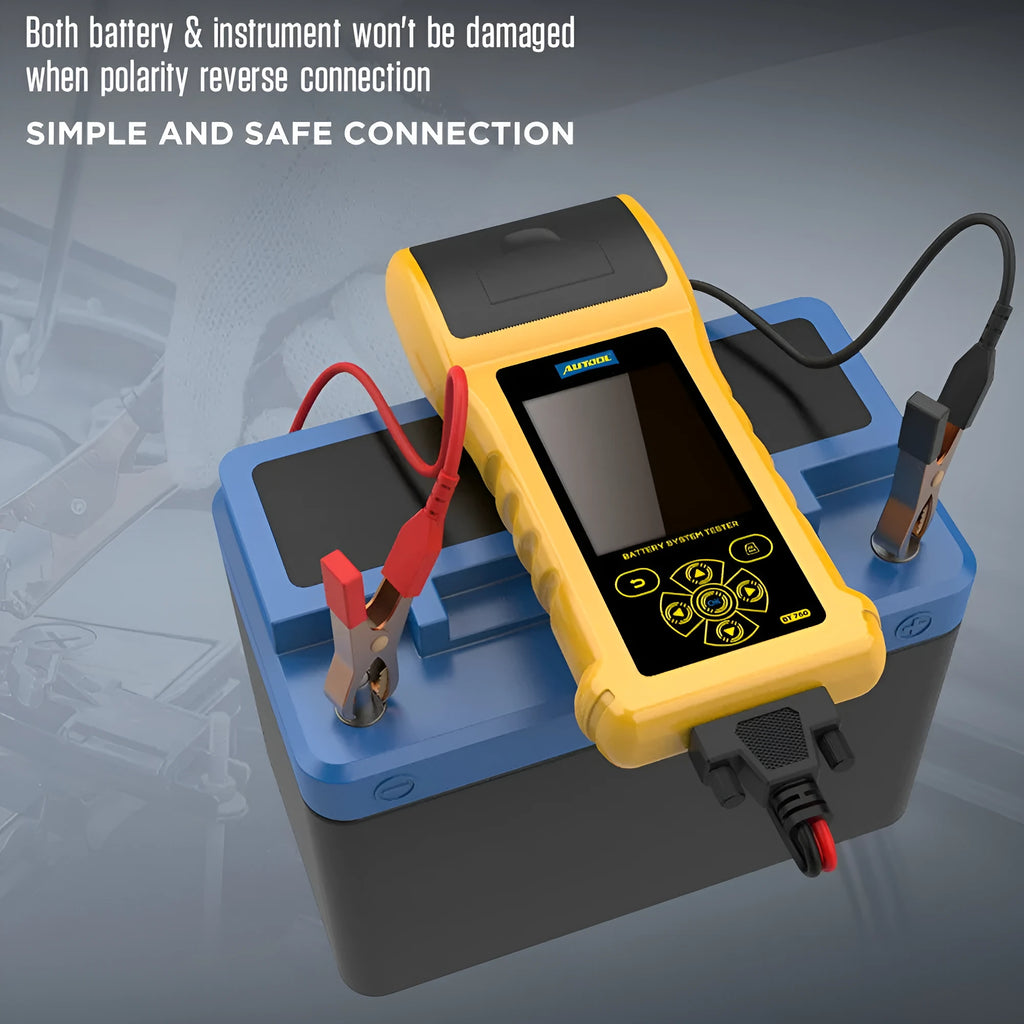 Autool BT760 vehicle battery tester with colour screen, test clips, and built-in thermal printer.
