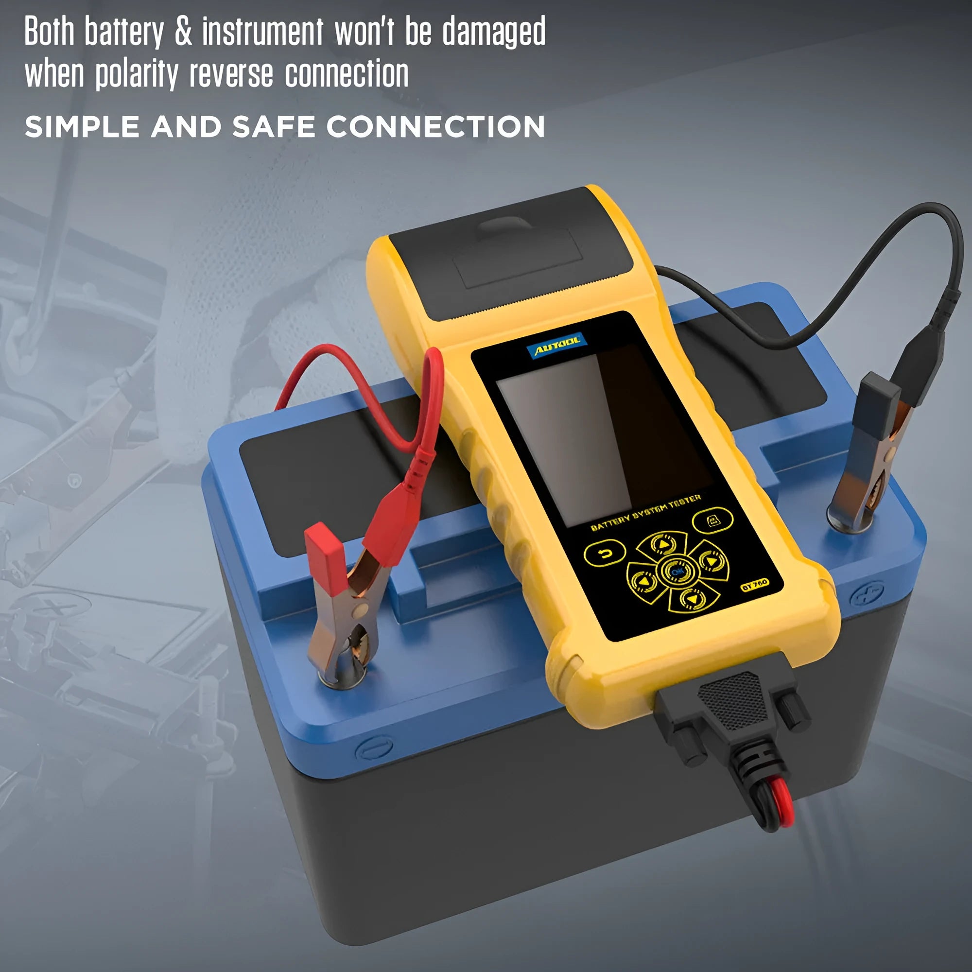 Autool BT760 vehicle battery tester with colour screen, test clips, and built-in thermal printer.