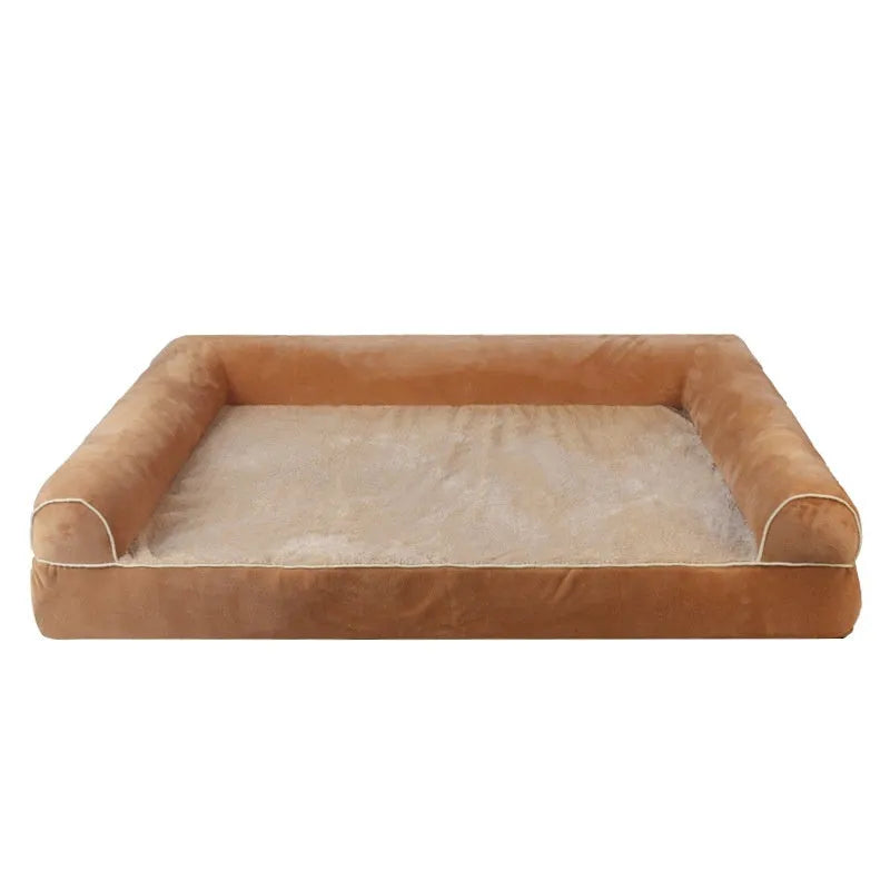 Square dark grey sponge dog bed with breathable cloth cover on a wooden floor.