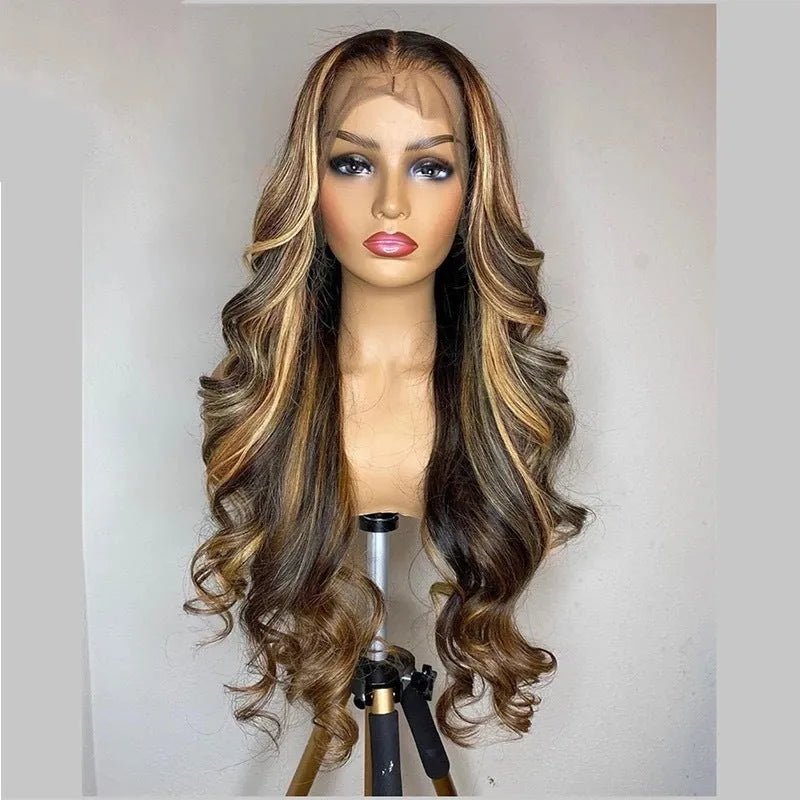 Front lace synthetic wig with long curly hair and gradient colour hairline in black to piano colour