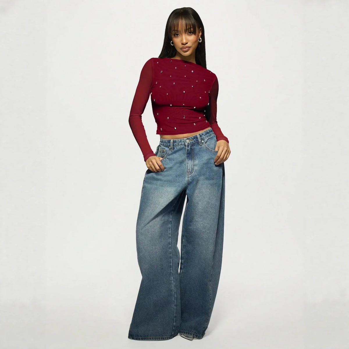 Wine red women's long sleeve mesh rhinestone bottoming top pullover
