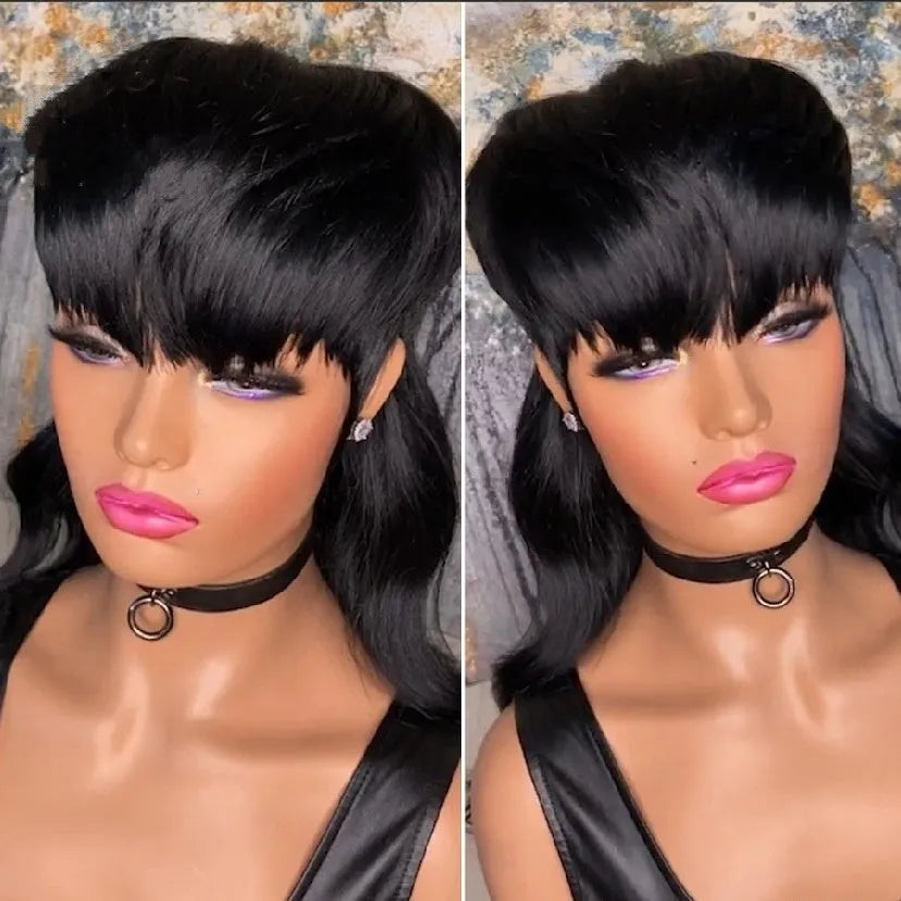 Black Brazilian wig with blunt bangs and long layered back made from high-temperature fibre