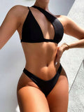 One shoulder bikini swimsuit for women in solid colour nylon with chest pad, black, white, red, blue, light blue, rose red